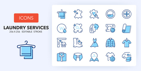 Line icons about laundry services. Contains such icons as leather dry cleaning, laundromat, ironing and more. 256x256 Pixel Perfect editable in two colors