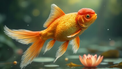 Fototapeta premium A goldfish swimming in a pond with a lotus flower