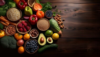 Vibrant array of fresh fruits, vegetables, nuts, and seeds on a dark wooden background.