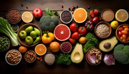 Colorful array of fresh fruits, vegetables, nuts, and seeds on a dark wooden surface. Healthy eating concept.