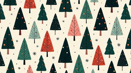 Obraz premium Modern Minimalist Christmas Tree Seamless Pattern, Scandinavian Doodle Forest Texture, AI Art