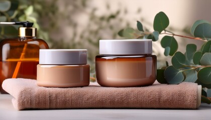 Luxurious skincare jars and bottle on a soft towel, surrounded by greenery.