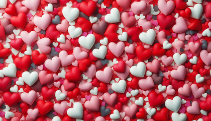 Vibrant background of red, pink, and white heart shapes scattered, symbolizing love and romance. Perfect for festive or romantic themes. Generative AI.