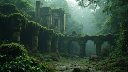 Naklejka premium A ruined building in the middle of a lush green forest