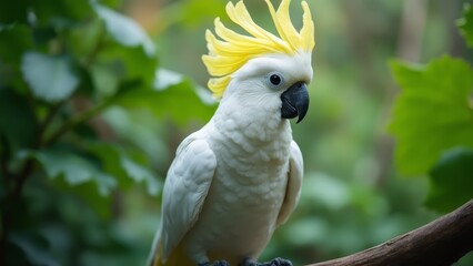 Fototapeta premium A white parrot with a yellow mohawk sitting on a branch