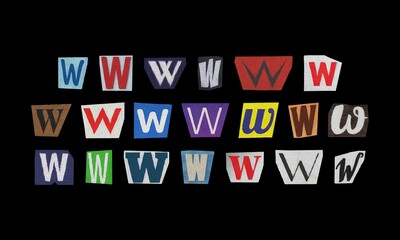 Set of letter “W” cut-out from magazines on a black background, retro y2k ransom font style