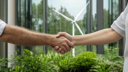 A handshake symbolizes collaboration and partnership in a sustainable environment, highlighted by a wind turbine in the background.