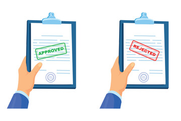 Rejected document. Approved and denied paper page clipboard in hand, approved job certificate stamp check business contract concept reject claim work documents vector illustration