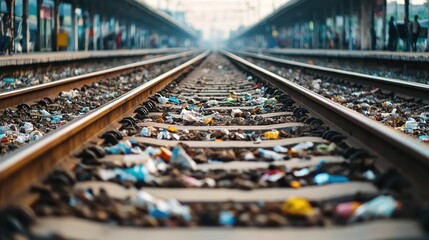 Fototapeta premium A close-up view of railway tracks littered with debris, highlighting issues of waste and neglect in urban environments.