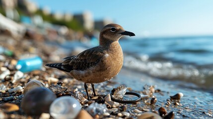A shorebird stands near the water's edge, surrounded by pebbles and litter, with a blurred beach scene in the background.