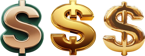 Three golden dollar symbols representing wealth and prosperity on transparent background