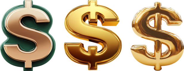 Three golden dollar symbols representing wealth and prosperity on transparent background