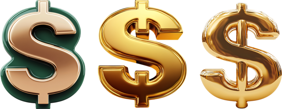 Three golden dollar symbols representing wealth and prosperity on transparent background