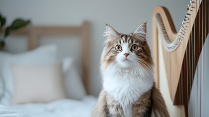 fluffy cat photography with wooden. A fluffy cat curiously gazes at the camera beside a harp in a cozy, softly lit bedroom.