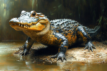 Young Alligator Near Water In Dark Swamp