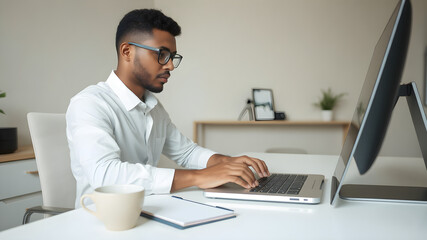 A focused office worker typing on a laptop, seated at a sleek modern desk with a notepad and coffee cup next to the computer.