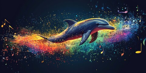Dolphin Dance of Melody, a vibrant scene of a dolphin soaring through a colorful cascade of musical notes, embodying joy and harmony