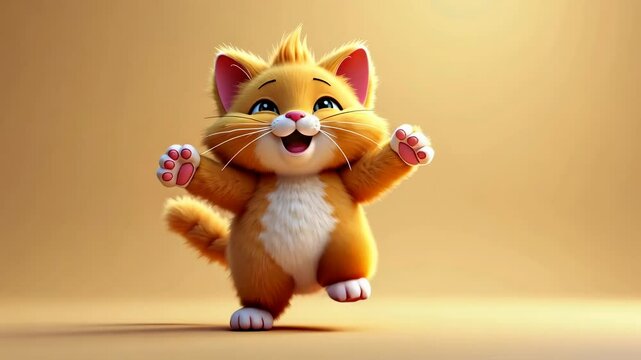 Cute animated orange cat happily dancing on a vibrant background