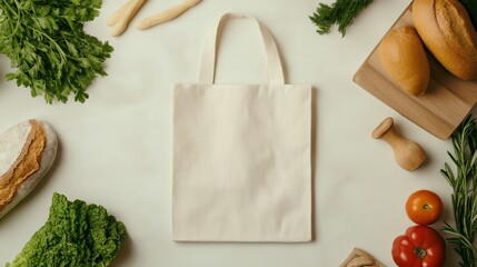 Eco-friendly blank tote bag on rustic kitchen counter for design and branding
