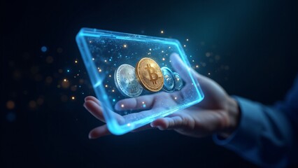A holographic cryptocurrency wallet with floating digital coins, symbolizing the secure storage and transfer of digital assets.