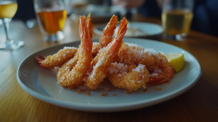 Crispy French Fried Shrimp on Light Wooden Table