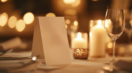 Elegant blank menu displayed on romantic dinner table setting with glowing candlelight