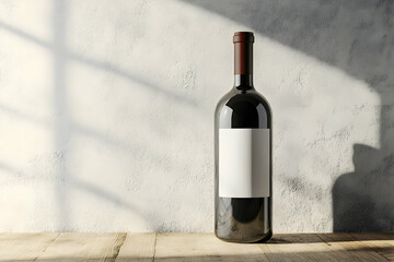 Black bottle of wine, pasted white empty label at wooden table
