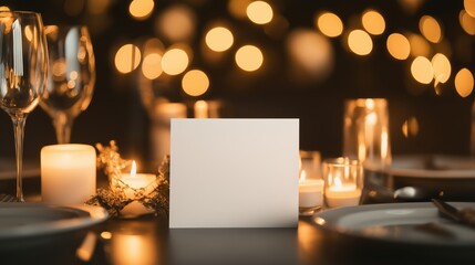 Elegant blank table tent on candlelit restaurant table for event design and branding