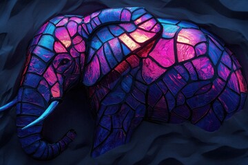 A colorful elephant made of glass pieces. The elephant is in a blue and purple color. The elephant is in a sandy area