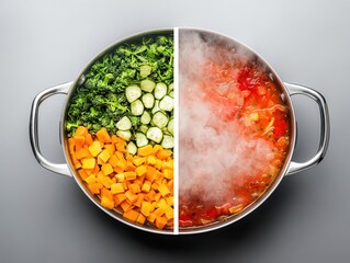 Before to after A pile of raw ingredients turning into a steaming pot of soup