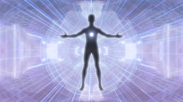 Silhouette of a Man in a Blue Tunnel of Light, Meditation Visualization, Animation, Video