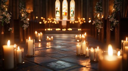Fototapeta premium A serene church interior illuminated by candles and stained glass.