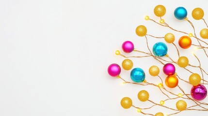 Christmas decor with lights, branches, ornaments, festive vibe. A colorful arrangement of decorative orbs in vibrant colors, set against a clean, white background.