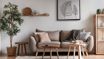 a nicely decorated room in pastel colors with a graphic painting