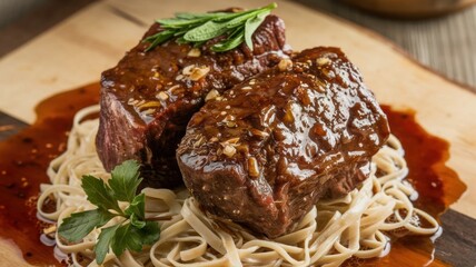 Tender beef stew with the addition of aromatic spices. The meat is cooked with the addition of aromatic spices and served with noodles. The dish is decorated with fresh herbs.