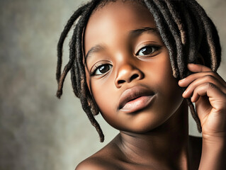 A black child with dreadlocks poses with a contemplative expression, gently touching their face. The backdrop features soothing, neutral tones that enhance the child's features. Generative AI