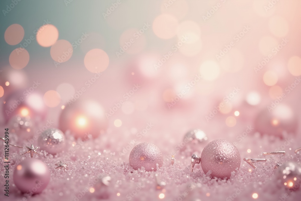 Canvas Prints festive pink christmas ornaments on sparkling surface with soft bokeh background.