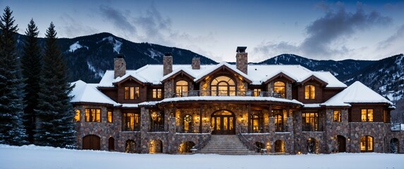 Fototapeta premium A luxurious mansion with a snowy landscape and a Christmas atmosphere in Aspen, Colorado, simulated from a real-life scene