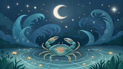 Cancer zodiac crab surrounded by moon and stars