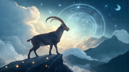 Capricorn zodiac goat under starry night sky