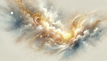 Abstrakte Szene mit goldenen und weißen Wirbeln, die wie ein Tanz aus Licht und Wolken wirken, durchdrungen von einer mystischen, warmen Atmosphäre. Generative KI.
