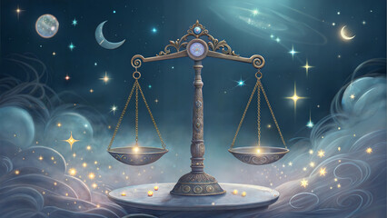 Libra zodiac scales balanced under starry sky