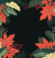 Obraz premium Christmas doodle design with the text Merry Christmas. mistletoe leaves, holly berries, snowflakes, pine branches, fir twigs, and small red flowers. 