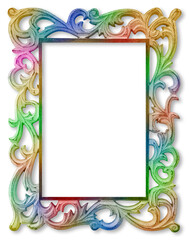 Carved handmade colored wooden rectangular frame with copy space on white background for easy selection