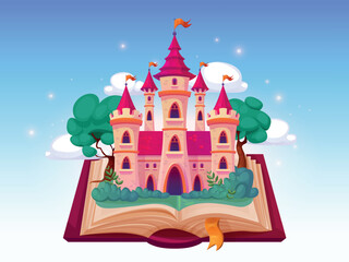 Fototapeta premium Open fairytale book. Storybook with fairy tale castle knight or princess, magic fantasy story reading books imagination concept kindergarten storytelling swanky vector illustration