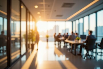 Fototapeta premium Modern office meeting at sunset with business professionals in a glass-walled conference room.