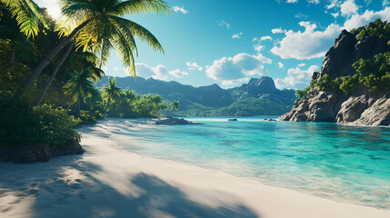 Tropical Paradise with Sunny Beach, Blue Water, and Relaxing Ocean Scape for a Dream Vacation 