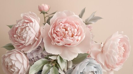Artificial peonies in soft pastel hues arranged in a romantic style against a neutral background, vintage inspired floral pattern, pastel colors