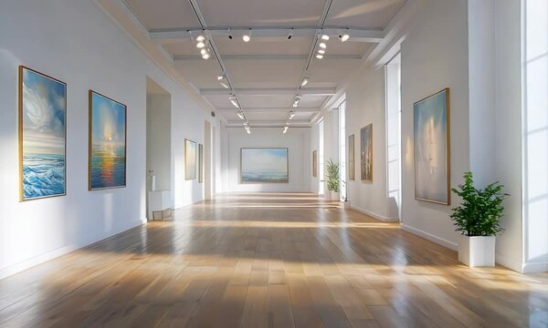 An art gallery with beautiful paintings displayed on minimalist white walls