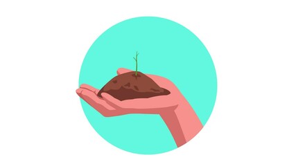 Motion graphic of a hand holding soil with a sprouting tree shoot, symbolizing growth, sustainability, and environmental care. For eco-friendly campaigns, green business promotions, or nature themed